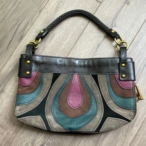 Fossil black leather and multi-colored suede satchel